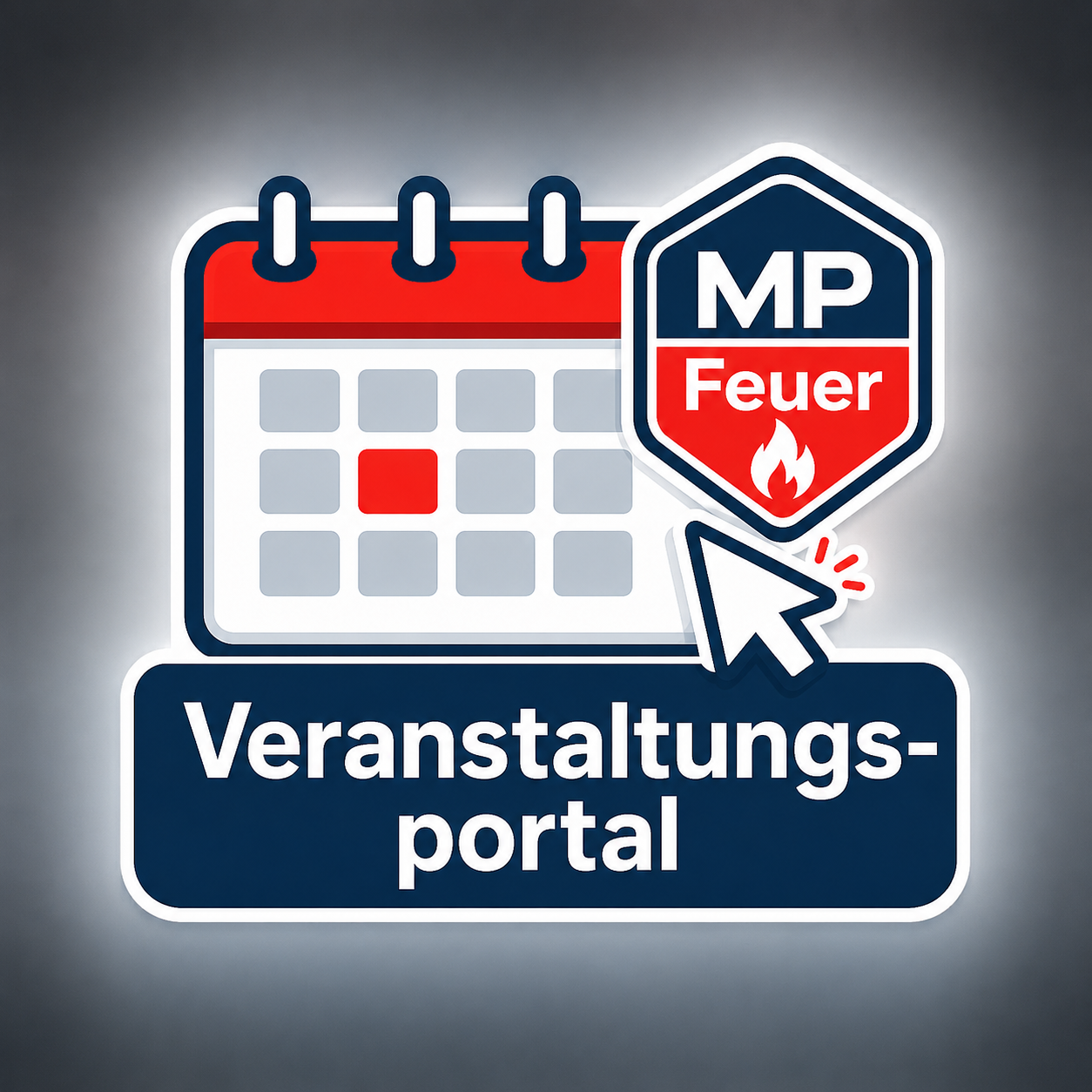 MP Feuer - Veranstaltungsportal Logo mit einem Kalender und einem Feuer-Symbol, das auf das Veranstaltungsportal hinweist. Der Text „Veranstaltungsportal“ ist deutlich sichtbar.