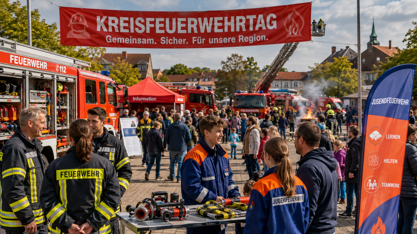 Ein Festtag der Feuerwehr mit vielen Besuchern. Im Vordergrund stehen Feuerwehrleute mit Ausrüstung, während im Hintergrund Feuerwehrautos und Stände zu sehen sind. Ein Banner mit dem Schriftzug "KREISFEUERWEHRTAG" hängt über der Veranstaltung, die einen sicheren Austausch in der Region fördert.