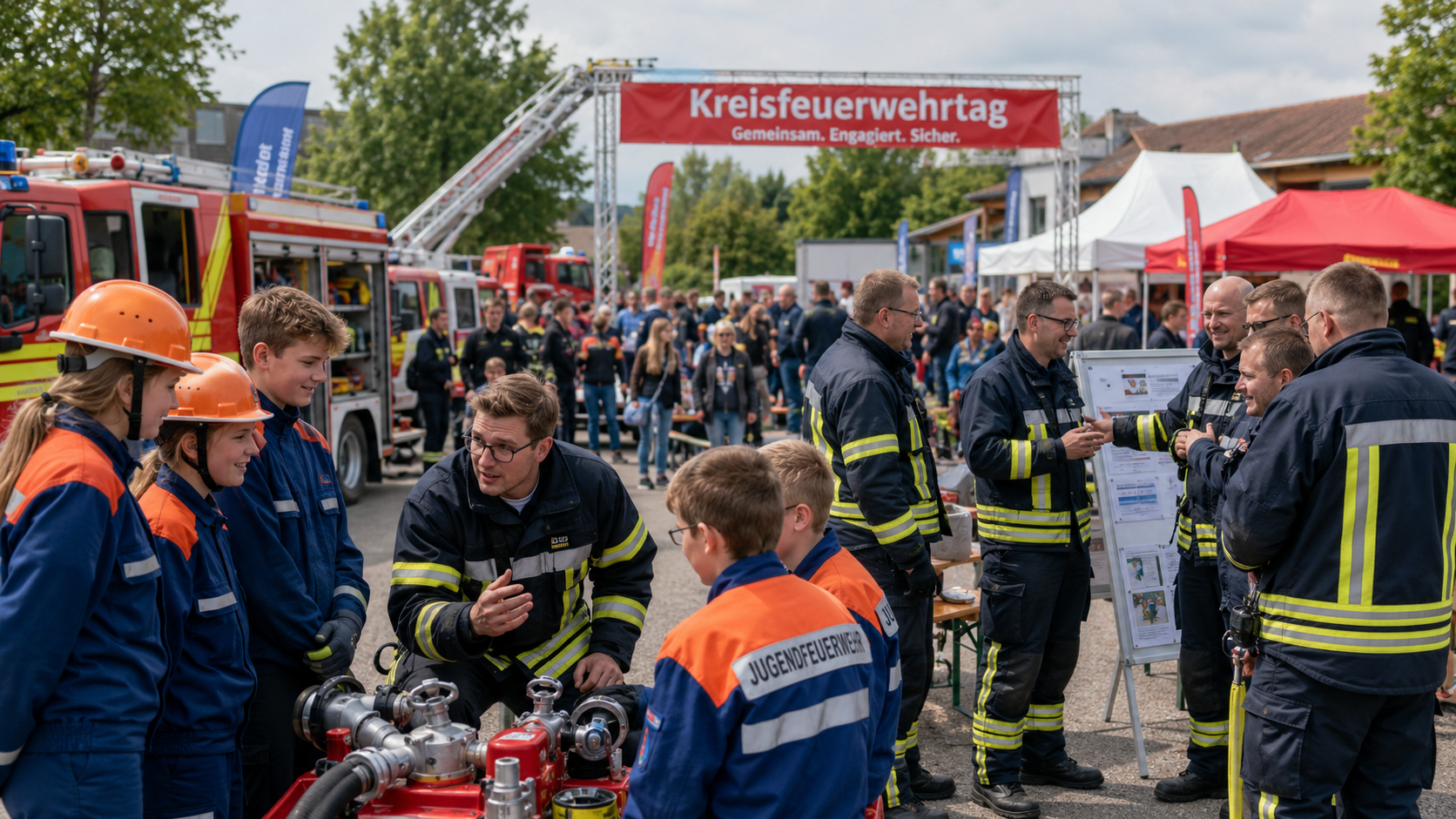 Eine Vielzahl von Menschen auf einem Veranstaltungsgelände, das mit Feuerwehrautos und Zelten ausgestattet ist. Feuerwehrleute in Uniform und orangefarbenen Helmen interagieren und erklären Ausrüstung. Im Hintergrund sind zahlreiche Besucher und ein Banner mit der Aufschrift "Kreisfeuerwehrtag" zu sehen.